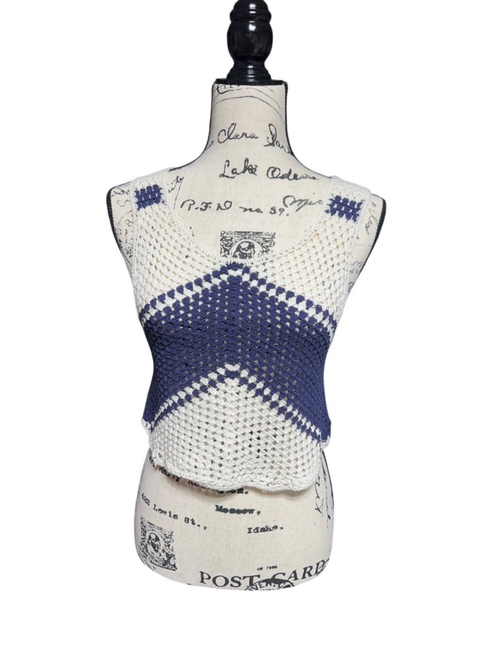 Sadie & Sage Crochet Knit Chevron Tank Top XS/S Cream & Navy Blue